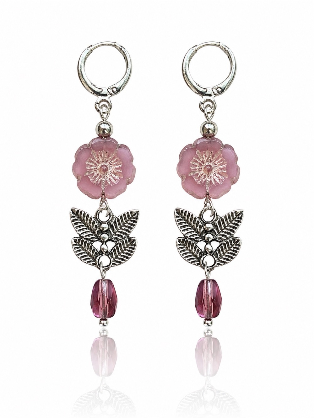 Pink Flower & Silver Leaf Dangle Earrings | Leverbacks - Picture 4 of 5